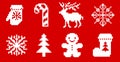 A set of eight Christmas-themed items: snowflakes, tree, deer, mitten, lollipop, Christmas sock.